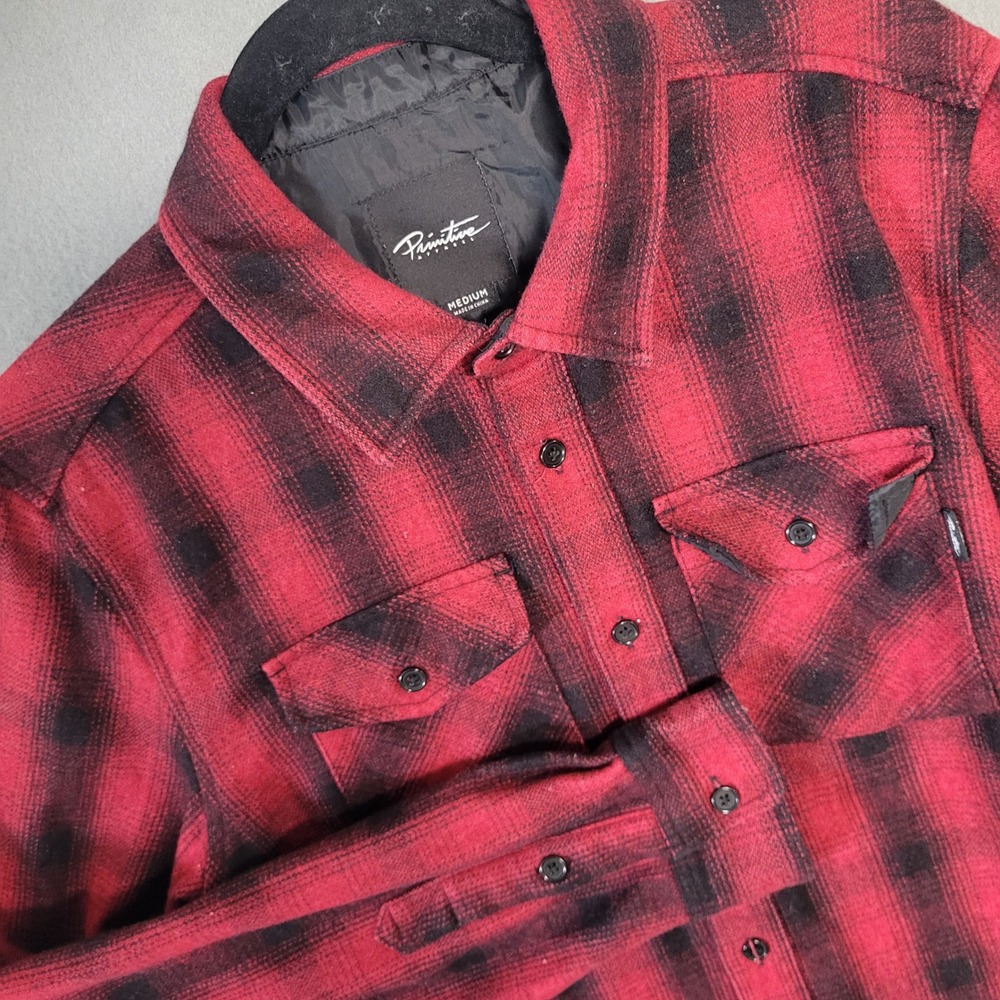 Primitive Apparel Mens Medium Red Black Plaid Flannel Button Down Shirt Skate